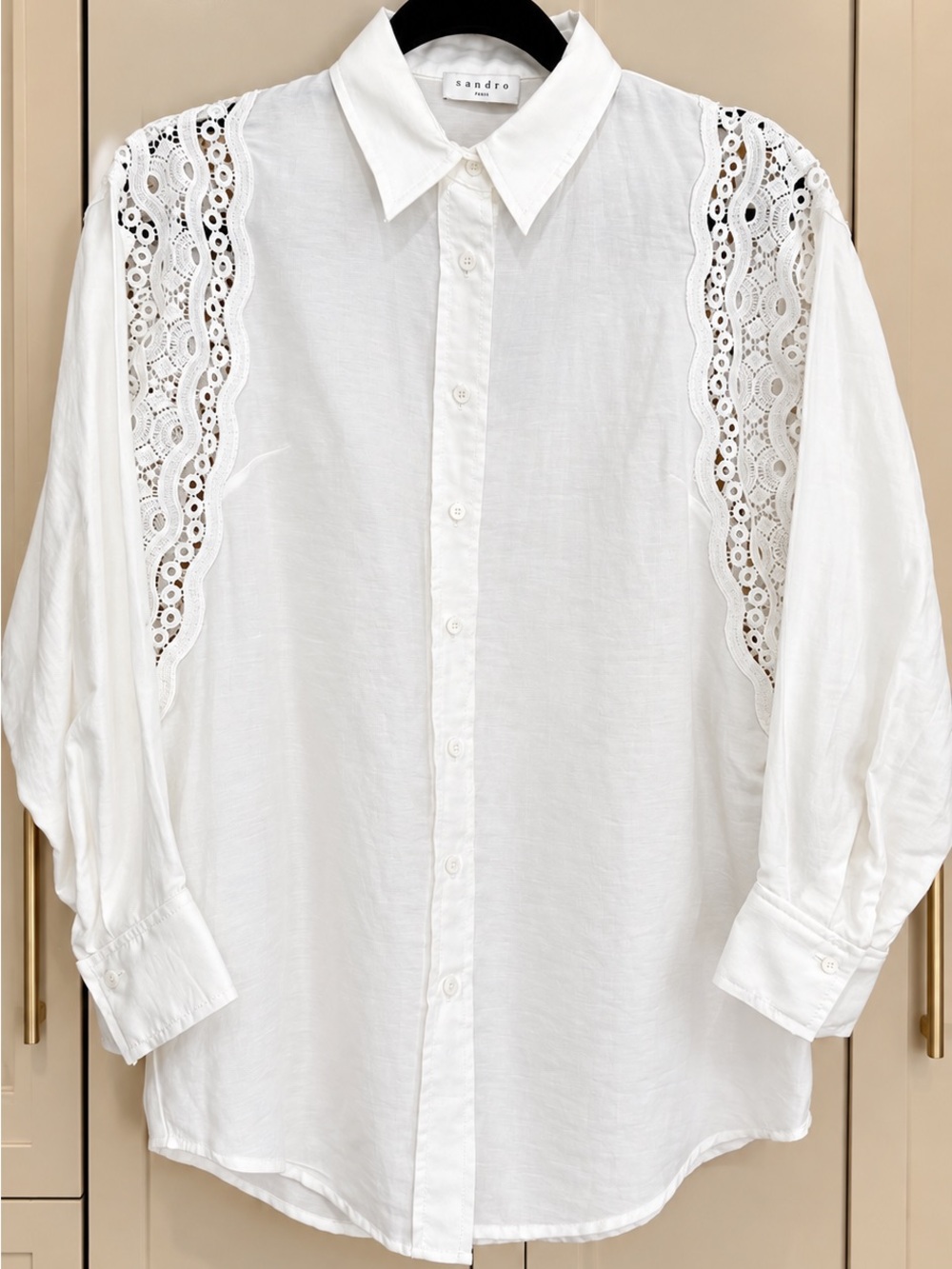 Sandro Women's White
Lace Panel Collared Button-
Up Long Sleeve S
